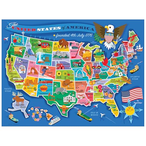 RoseArt Map of USA Puzzle for Kids – 100 Large Pieces, 24' x 18' – Educational United States Puzzle with Fun State Illustrations – Made in USA...