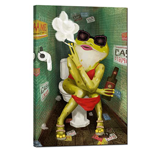 Levvarts - Funny Bathroom Wall Art Abstract Frog Smoking And Drinking On Toilet Painting Canvas Print Cool Animal Artwork Modern Bar Pub Bedroom Decor Stretched And Framed Ready To Hang #TOP24