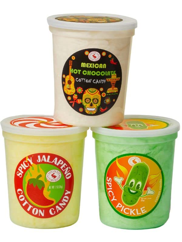Sweet Heat Cotton Candy Gift Set of 3 Mexican Hot Chocolate, Spicy Pickle, Spicy Jalapeno - Unique ideas for Holidays, Birthdays, Gag Gifts, Party Favors