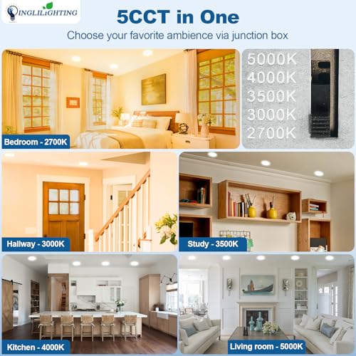 dllt led recessed ceiling lights 12 pack 6 inch 5cct ultra-thin lighting with junction box for bedroom - 1200lm brightness 12w eqv 110w dimmable canless wafer downlight with etlampfcc