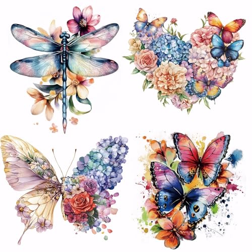 SUPERDANT 4PCS Butterfly Flowers Iron on Transfer Paper Dragonfly Florid Heat Transfer Sticker Washable Iron on Decals for T Shirts DTF Transfers Ready to Press for Clothing Hoodie Jackets DIY Gift