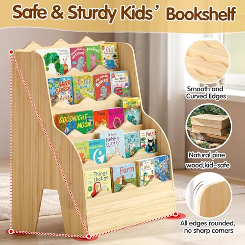 Image of Kids Bookshelf Montessori Wooden Bookcase 5 Tier Front-Facing Organizer | Easy assembly; Montessori Front-Facing; 31.5 inch Kid-sized Height; Holds 80+ Books; Sturdy Construction; Easy Access Reading