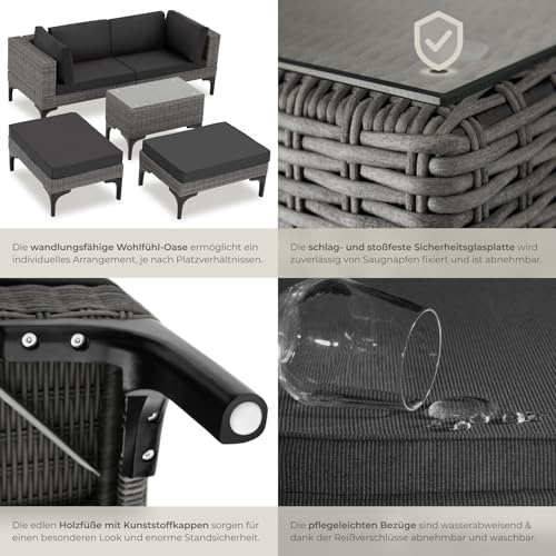 tectake® Outdoor Rattan Lounge, 5-teiliges Gartenmöbel Sofa Set mit Aluminium Gestell, frei kombinierbar, mit Ecksessel, Hocker, Tisch… – Ansicht 5