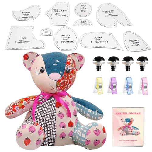 18in/Sitting Height 11in Fosdonge Acrylic Memory Bear Template Ruler Set with Detailed Instructions Sewing Patterns for Beginners Teddy Bear Quilting templates (Sitting Height 11in)