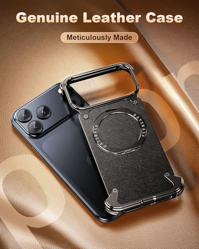 Image of Aluminum Frame Metal Bumper Compatible with iPhone 17 Pro Max | Simple Shield Air Cushion Shockproof | Edge Protection, Minimalist Slim - Black (Frame-Leather -Black, iPhone 17 Pro)