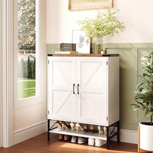 VINGLI Shoe Cabinet with Doors,5 Tier Washed White Wooden Shoe Storage Cabinet for Entryway with Double Barn Doors, Adjustable Shelves