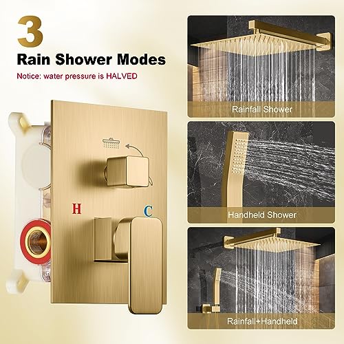 Shower System, 12 Inch High Pressure Shower Head with Rain Handheld Combo Set, Wall Mounted Dual Shower Head System, Bathroom Shower Faucet Set Rough-in Valve Body and Trim Brushed Gold - Image 4