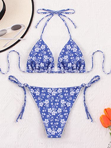 Image of Bikinis Swimsuit Set for Women Swimwear Triangle Bathing Suit Tie String Thong Blue Floral