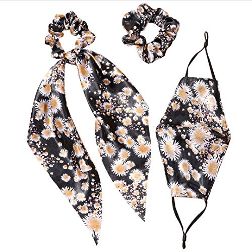 Gene Silk Flower Face Mask and Silk Hair Scrunchie Set,Black/FlowerDesign