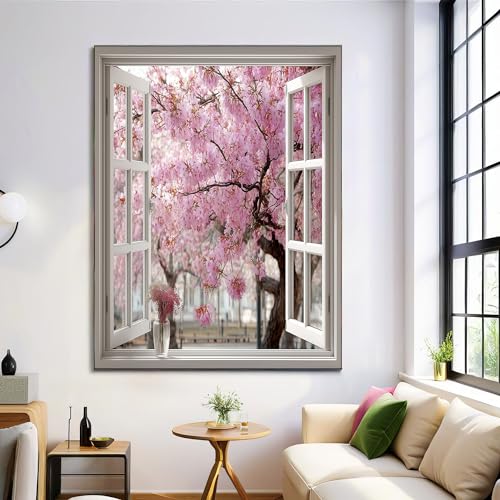 Cuadro Lienzo Árboles De Cerezo En Flor En El Parque Decorativos Pintura Poster Marcos De Ventana 3D Imagen foto Cuadros Decorativos Salon Dormitorio Baño Comedor Oficina Pasillo 40l x 60an cm, Rosa