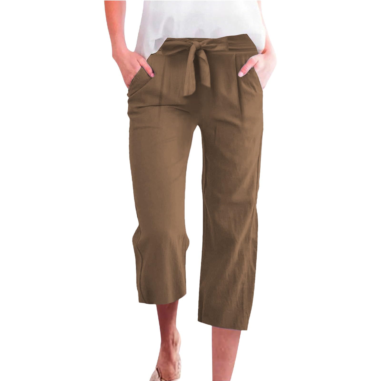 Cropped Linen Pants Women Plus Size Cotton Tie Knot High Waisted Beach Pants 2025 Summer Casual Wide Leg