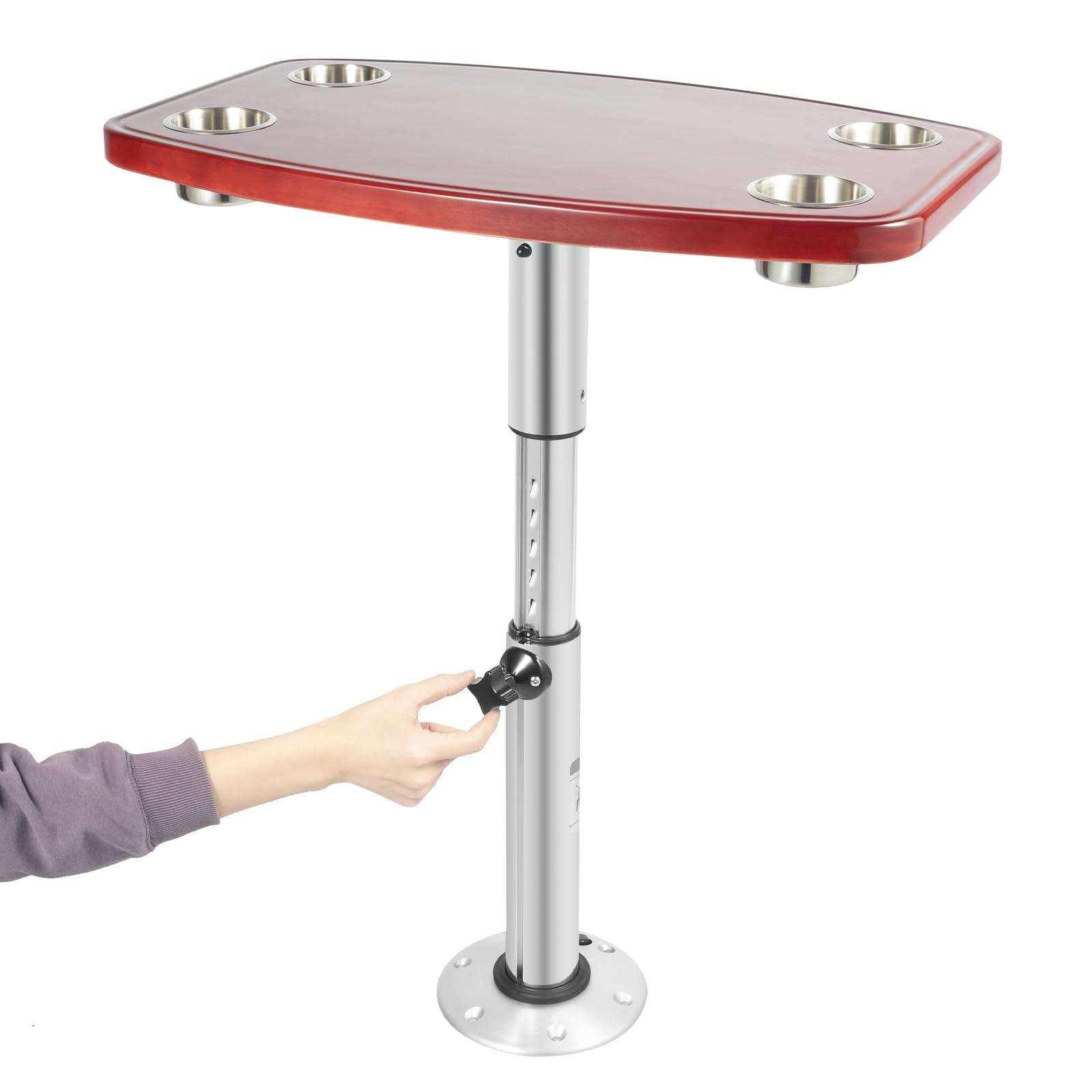 Mesa de barco con 4 soportes para bebidas, de roble, para barco, caravanas, cubiertas de yates, altura ajustable, 600 x 380 mm
