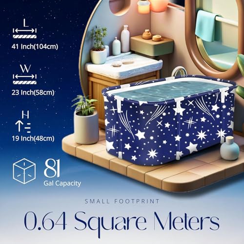 Image of Portable Foldable Adult Bathtub for Home, Large Plastic Soaking Tub with Drain Pipe, Freestanding Spa Bath Tub for Hot & Cold Bath, Balcony & Small Bathroom Use (Star Blue)