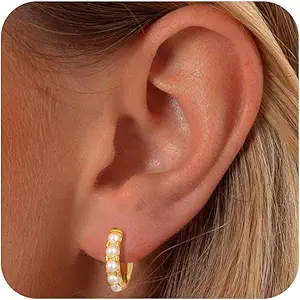 Pearl Earrings for Women - Dainty Gold Earrings Trendy 14K Gold Plated Freshwater Pearl Dangle Hoop Stud Earrings for Women Wedding Jewelry Gift for Women