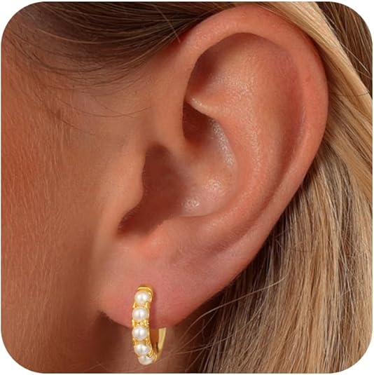 Pearl Earrings for Women - Dainty Gold Earrings Trendy 14K Gold Plated Freshwater Pearl Dangle Hoop Stud Earrings for Women Wedding Jewelry Gift for Women