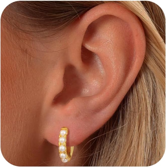 Pearl Earrings for Women - Dainty Gold Earrings Trendy 14K Gold Plated Freshwater Pearl Dangle Hoop Stud Earrings for Women Wedding Jewelry Gift for Women