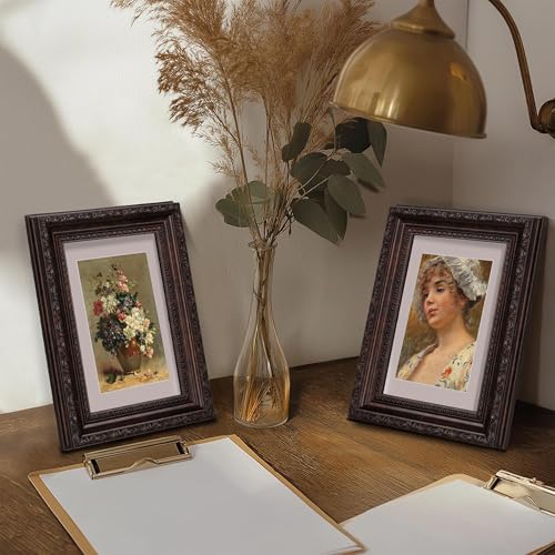 Image of eletecpro 4x6 Picture Frames Set of 2, Vintage Frames with Glass Cover, Retro Ornate Photo Frame Displays 3.5x5 Photo with Mat or 4x6 without Mat for Tabletop or Wall Decor, Brown
