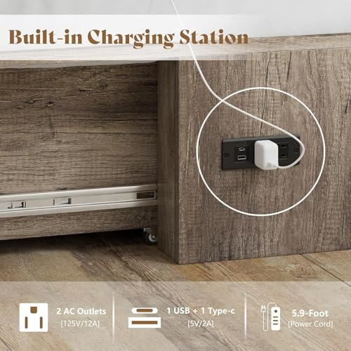 Image of AMERLIFE Queen Size Murphy Bed, Farmhouse Wooden Cabinet with Charging Station and Storage Drawer for Bedroom /Office /Guest Room, Grey Oak