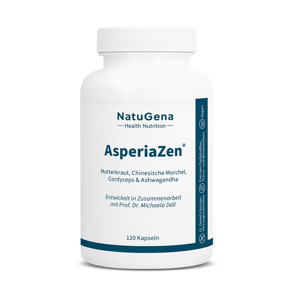 NatuGena AsperiaZen Mutterkraut, Chinesische Morchel, Cordyceps & Ashwagandha für Frau und Mann, 120 Kapseln (1 Monats Packung)