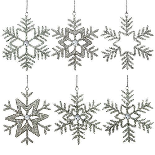 Set of 6 Handmade Snowflake Iron and Glass Pendant Christmas Ornaments, 6 Inches - Ideal Decorations for 25th Anniversary