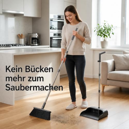 Image of CTIME Broom and Dustpan Set, 51.6 in Adjustable Long Handle with 2 Interchangeable Broom Heads, Standing Broom and Dustpan Set for Office, Kitchen, Lobby, Floor, Garden