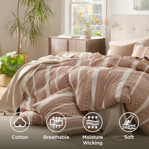 Image of Bedsure Waffle Weave Duvet Cover King - 100% Cotton Boho Duvet Cover Set with 2 Pillowcases - Extra Soft Terracotta PureWoven Textured Comforter Cover with Zipper Closure (King, 104 inchx90 inch)