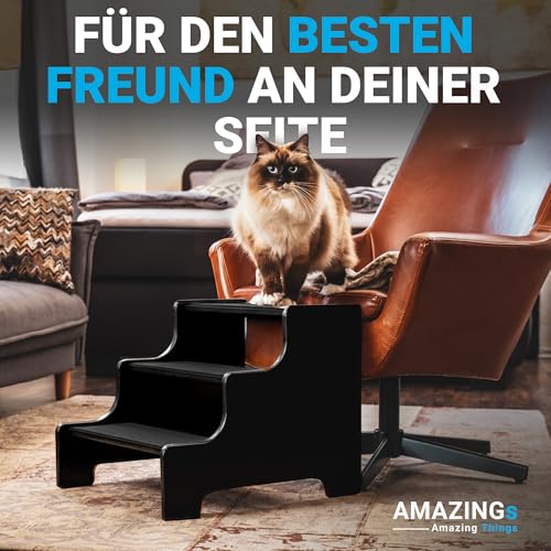 AMAZINGs Hundetreppe für kleine, mittlere und schwere Hunde, Katzen. 3 Stufen | Haustiertreppe, Junge und alte Katzen | 40 cm hoch für Sofa, Bett | Gelenkschonender Ersatz zu Hunderampe | schwarz
