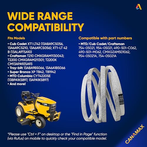 Image of 954-05021 Deck Belt by Canamax Replacement for Cub Cadet 42 Inch XT1 LT42 XT2 LX42 Craftsman T210 CMXGRAM1130043 T2200 MTD 754-05021 Columbia 13APA1KS897 Lawn Mowers /Aramid Cord / 99.75 inch x 0.5 inch