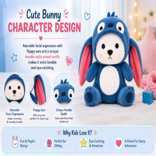 Image of Soft Stuffed Animal,Hoodie Bear Teddy Plush Toy Removable Cap with Long Ears for Birthdays Special Occasions Boys, Girls, & Kids Navy Blue, 28 cm