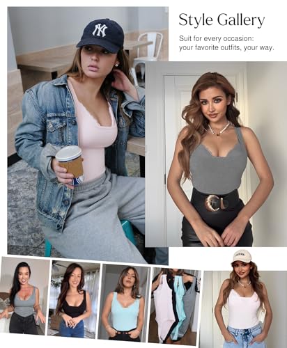 Popilush Body Suits for Womens Tummy Control - Modal Soft Shapewear Bodysuit Lace Layered Bra Going Out Tops2