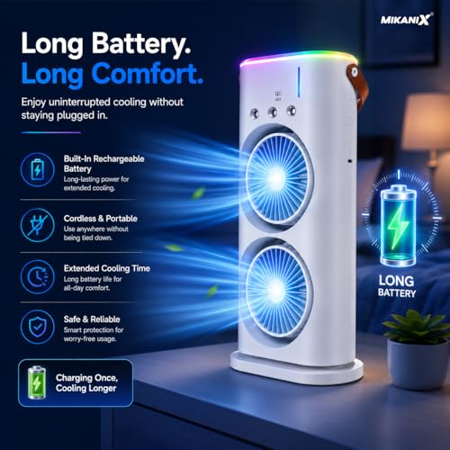 Image of MIKANIX Dual Fan Air Cooler with Mist Spray | Portable Cooling Fan, 90 Oscillation, Remote Control, RGB Ambient Lighting | USB Powred for Home, Office & Bedroom, 5 Years Warranty