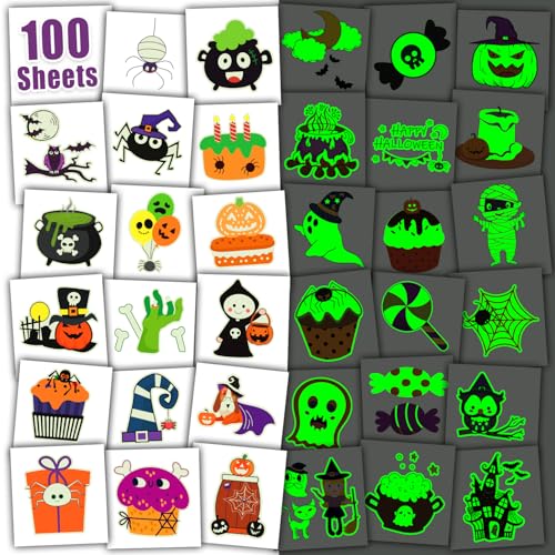 Leesgel Halloween Tattoos for Kids 100 Individual Sheets Luminous Halloween Pumpkin/Candy/Bat/Spider Tattoo Stickers