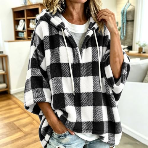 FPMLUXLL Women’s Plaid Sherpa Jacket Winter 3/4 Sleeve Hooded Pullover - image 7