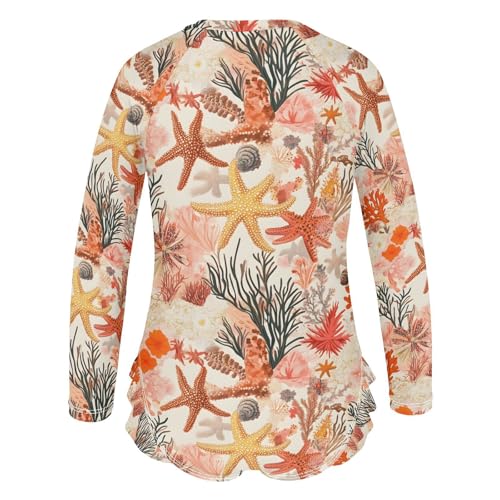 ALAZA Red Coral Reef Starfish Seashell Girls One Piece Swimsuit Long Sleeve Rash Guard Swimsuits UV 50+ Swimwear Zipper3