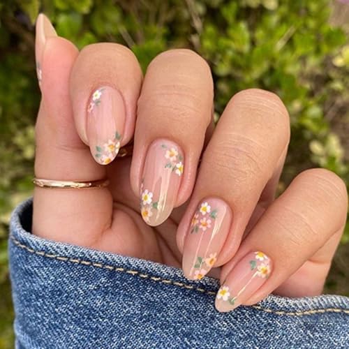 Almond Press On Nails Medium Fake Nails With Flower Design Full C...