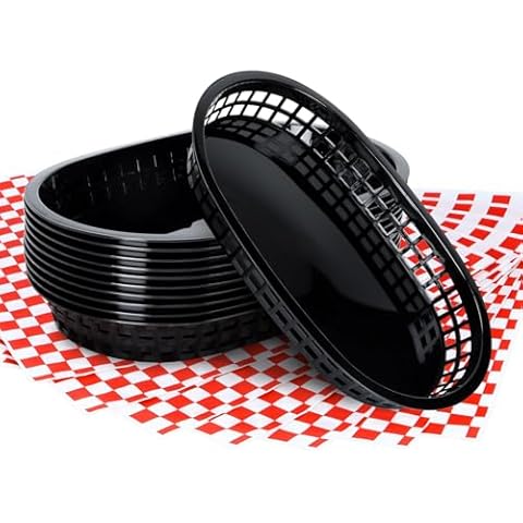 Hslife 120 Sheets Red Checkered Deli Liners and 12 Black Fast Food Baskets, Classic Deli Baskets with Red Checkered Dry Waxed Deli Paper Cover