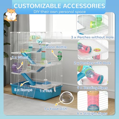 PawHut 6 Tier Small Animal Cage with Tubes, Exercise Wheel, Hut, Water Bottle, Food Dish, Ramps for Dwarf Hamster, 58 x 36 x 81 cm, Light Blue - Image 5