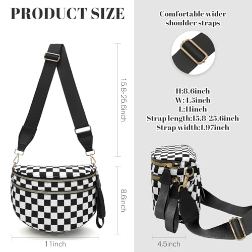WOOMADA Checkered Crossbody Bags for Women, Nylon Checkered bum bag, Stylish Belt Bag Purse with Adjustable Shoulder Strap(Black Checkerboard)3
