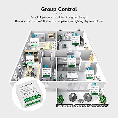 Floor plan showing multiple smart switches controlling devices in different rooms