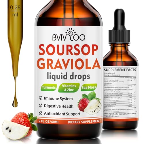 Soursop Graviola Liquid Drops for Cell Support & Regeneration, Immune Boost, Relax, Liver and Sleep, Soursop Bitters Liquid, Sugar-Gluten Free, Natural Strawberries Flavor - 2 Fl Oz (60ml) Bottle