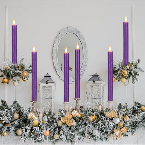 Image of Purple Flameless Taper Candles with Remote, 3 Pack Real Wax Battery Operated Candles, 9.6 Inch Flickering Led Christmas Candlesticks Decorations for Winter Home Holiday Xmas Gift