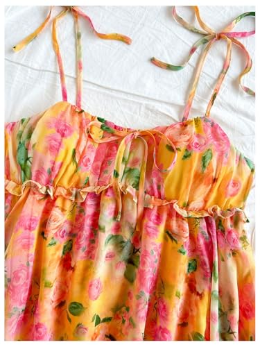 SOLY HUX Women's Boho Floral Print Mini Dress Tie Shoulder Spaghetti Strap Ruffle Hem Flowy Cami Dresses Sundress3