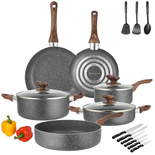 La Mejor Recopilación de Juegos de sartenes y ollas - los más vendidos. 42 M MELENTA juego de ollas y sartenes antiadherentes, juego de ollas de granito, bateria de cocina antiadherente 18 piezas, ollas de cocina de aluminio, color gris