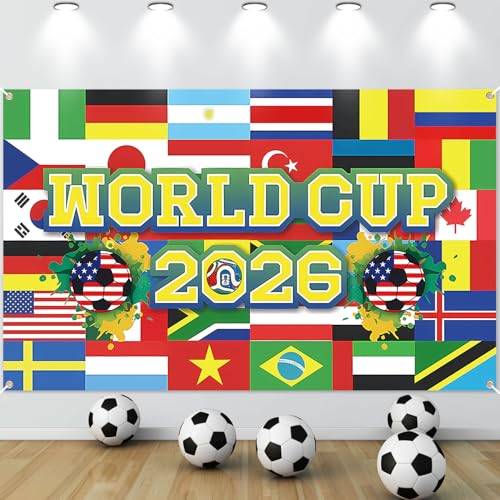 CCINEE 2026 World Cup Soccer Party Backdrop Decorations 71x43 Inch World Flags Football Backdrop Banner for Soccer Birthday World Tournament Cup Party Photo Booth Football Event Welcome Poster