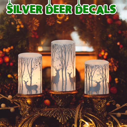 Image of GenSwin Flameless Candles with Timer, Christmas LED Flickering Candles Real Wax with Silver Deer Decals, 3 Pack Pillar Fake Candle for Winter Indoor Fireplace Christmas Decor(D3 inch x H4 inch5 inch6 inch)