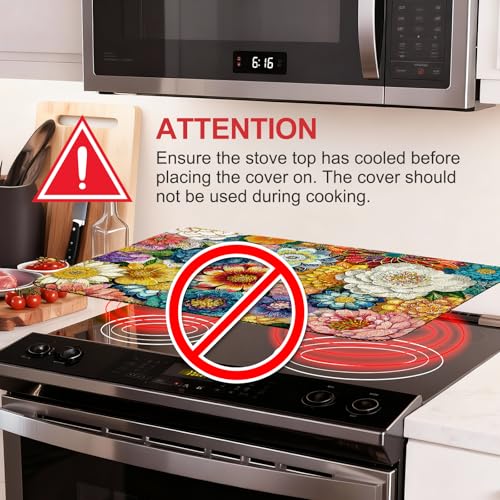 Image of Boho Floral Stove Top Cover for Electric Stove, Bohemia Ethnic Style Range Covers for Electric Stove, Rubber Dish Drying Mat, Glass Cooktop Covers, Flat RV Range top Mats, 28 inchx20 inch