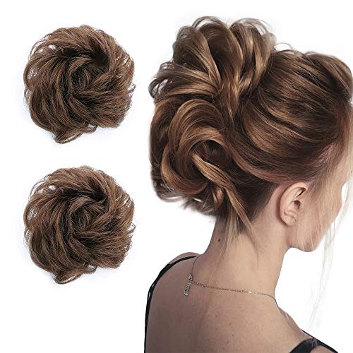 2PCS Messy Bun Hair Piece 100% Human Hair Scrunchies Buns Hair Pieces for Women Curly Wavy Black Bun Elegant Chignons Wedding … (2PCS Human hair, Medium Brown).