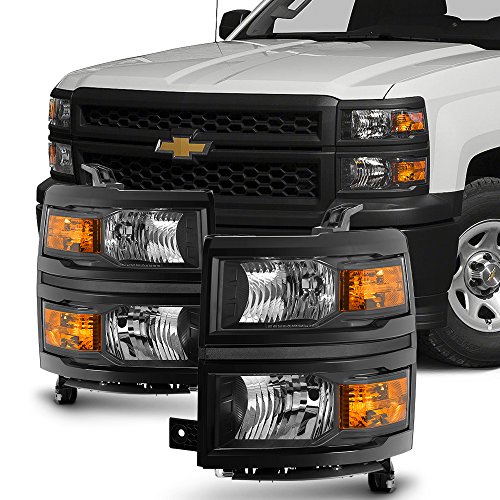 For 2014 2015 Chevy Silverado 1500 Pickup Truck Black Bezel Headlight Lamp Assembly Driver + Passenger Side