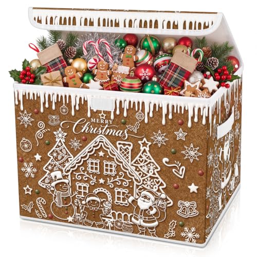 Image of Briwooody Christmas Gingerbread House Storage Bin with Lid and Carrying Handle Gingerbread Man Foldable Storage Box Large Xmas Decorative Collapsible Container Basket for Organizing Closet Home Gift
