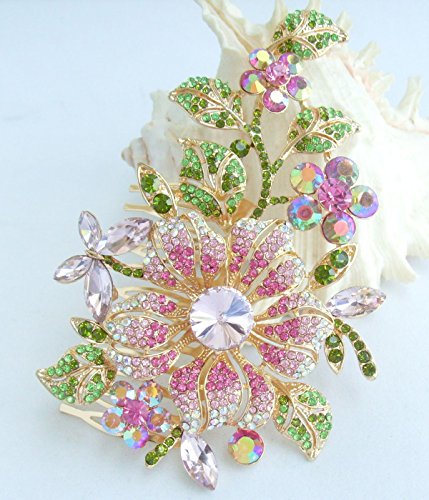 Sindary Wedding Jewelry 4.72" Pretty Bridal Orchid Flower Hair Comb Rhinestone Crystal Hz4712 (Gold-Tone Pink) #TOP5